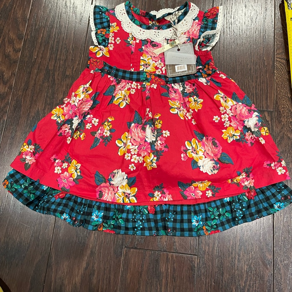 Matilda Jane SUGAR PLUM Dress 12-18 Month Red Floral Crochet Plaid New